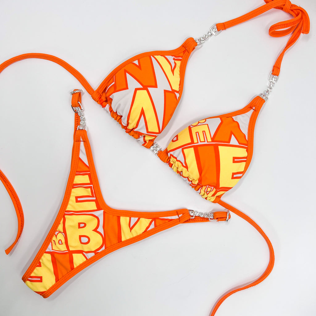 Orange ‘Be Bikini’ print Quick Ship Posing Suit