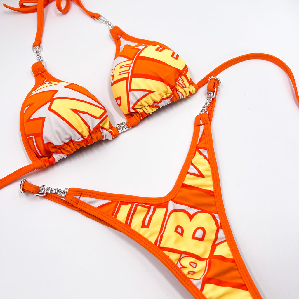 Orange ‘Be Bikini’ print Quick Ship Posing Suit